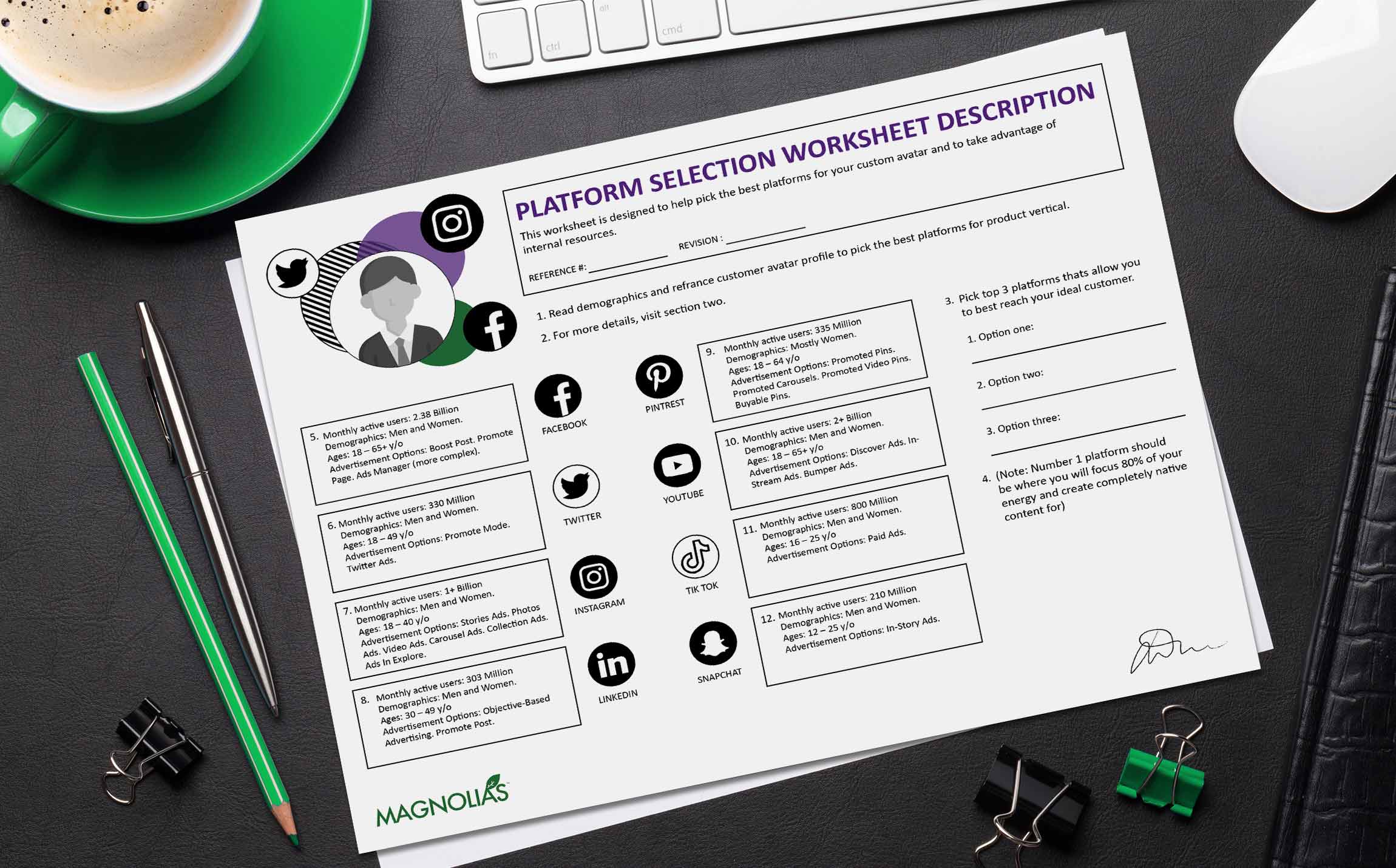 Be present on social media platforms that relate to your customer avatars with this free social media platform selection worksheet.